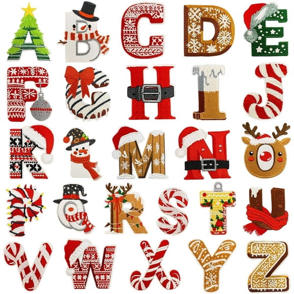 Wiywef 26-Piece Christmas Letter Iron-On Patch Set, Holiday Alphabet Embroidered Appliques, 26 Pcs