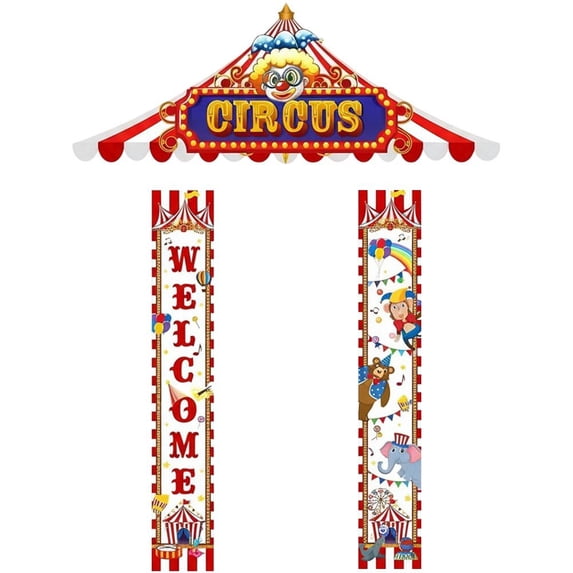 Wiywef 3Pcs Carnival Circus Porch Banner Set - Party Awning Hanging Decorations, Welcome Door Banners for Birthday Baby Shower Circus Theme Party Supplies
