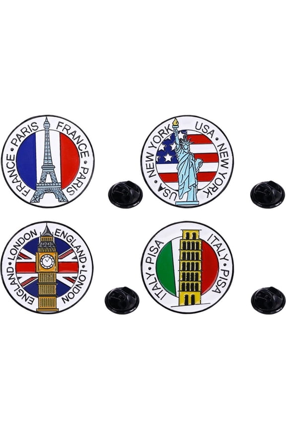 4Pcs World Famous Landmarks Round Pins Set - Statue of Liberty Eiffel Tower Big Ben Leaning Tower of Pisa Brooches for Tourist Travel Gift