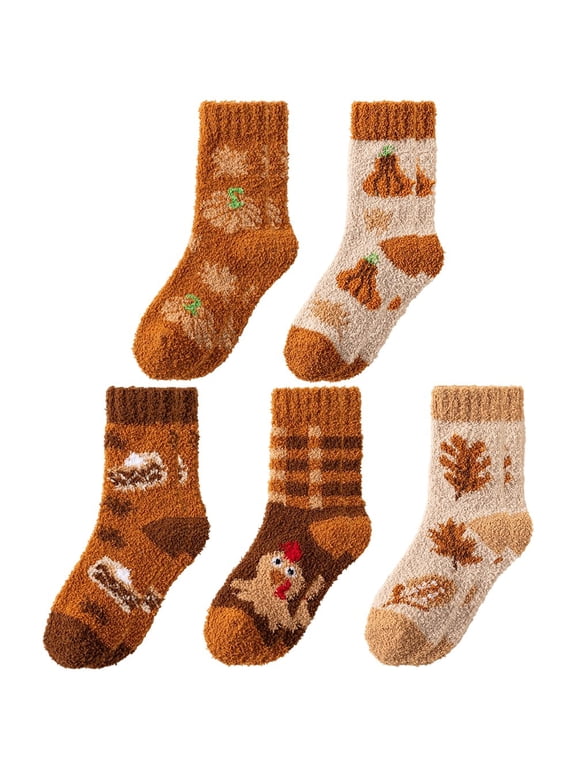 5-Pair Fall Thanksgiving Fuzzy Crew Socks, Coral Fleece Fluffy Socks, 5 Pairs