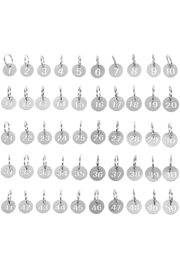 50Pcs Creative Numbered Id Tags Number Key Tags Stainless Steel Storage Tags Key Ring Labels Round Metal Numbered Marking Number Tags (Number 1-50)