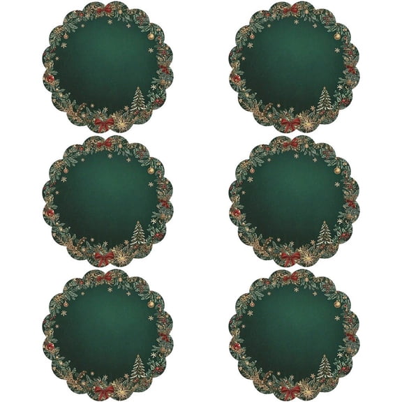 Wiywef 6-Pack Christmas Pine Branch Round Placemats, 15 Inch Polyester Xmas Petal Table Mats