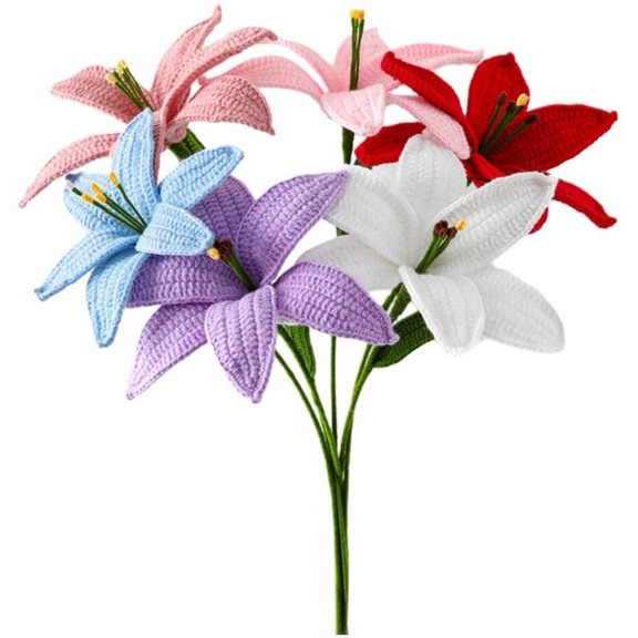 Wiywef 6Pcs Crochet Flowers Hand Knitting Lily Flower Ornaments Artificial Lily Flower Lily Fake Flowers Crochet Bouquet for Home Wedding Decorations