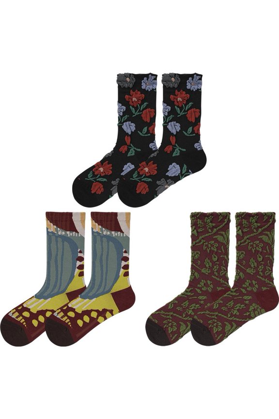 Fun Socks 3 Pairs Novelty Oil Painting Dress Socks Literary Retro French Tide Socks Casual Middle Tube Socks for Men Women