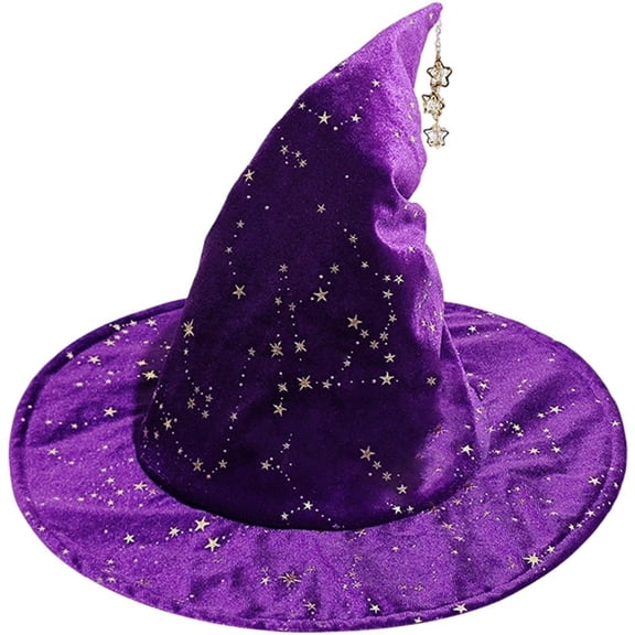 Wiywef Halloween Star Pattern Witch Hat Wide Brim Wizard Cap for Party