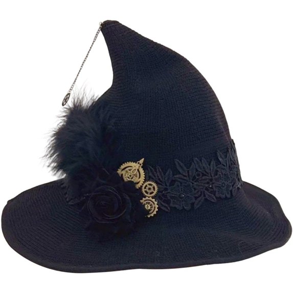 Wiywef Halloween Witch Hat with Rose Gothic Lace Pointed Cap for Women
