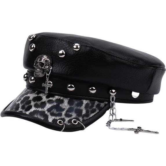 Wiywef PU Leather Flat Cap with Skull Cross Rivet Halloween Hat