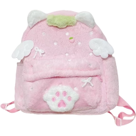 Wiywef Plush Pink Strawberry Backpack for Women Cute Wings and Cat Scratch Detail Travel Daypack 1-Piece