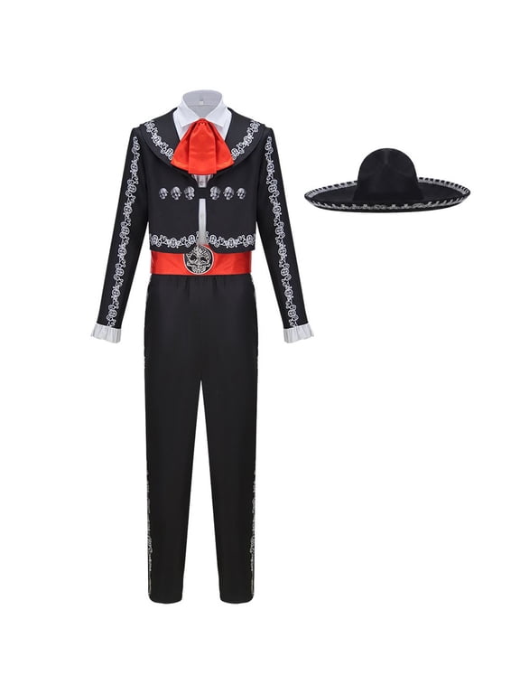 Polyester Mariachi Skeleton Charro Outfit Set with Hat for Day Of The Dead XL,2 Pieces