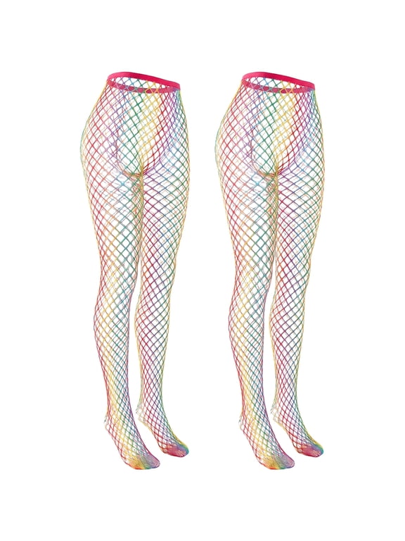Rainbow Fishnet Tights, Women High Waist Fishnet Stockings, Colorful Hollow Out Pantyhose, Medium Net, 2 Pairs