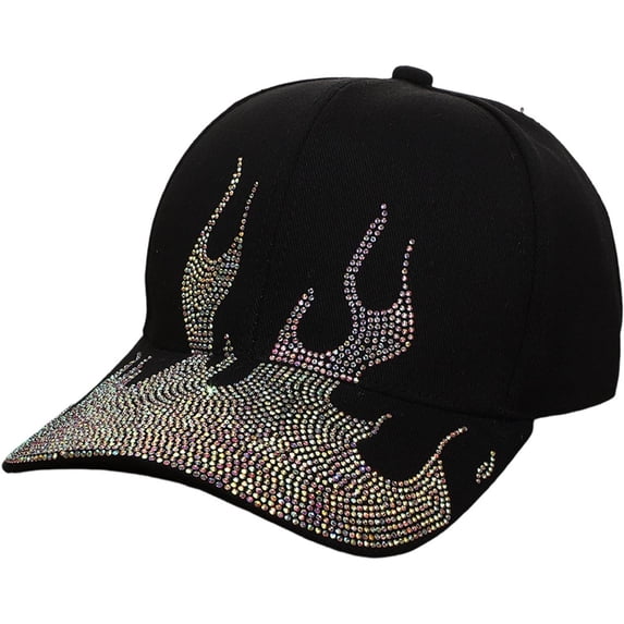 Wiywef Rhinestone Flame Baseball Cap Cotton Adjustable Sparkle Bling Hat for Men Women Outdoor Sun Cap