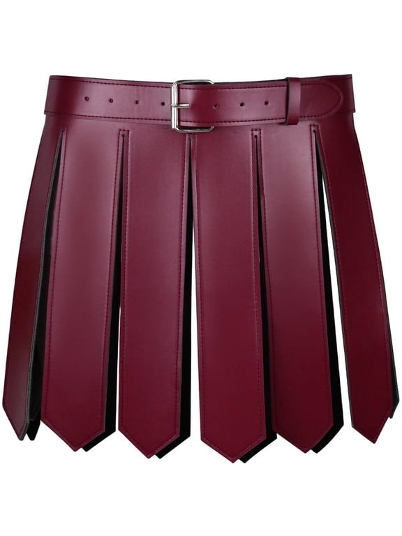 Unisex Roman Gladiator Kilt, Adjustable PU Leather Belted Skirt for Themed Events, Burgundy, 1 Pack
