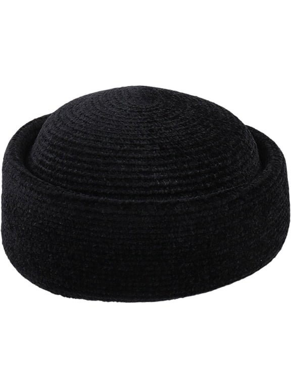 Women Chenille Pillbox Hat, Solid Color Warm Docker Sailor Cap, Vintage Hat for Autumn Winter Casual Street Wear, Black, 1 Pack