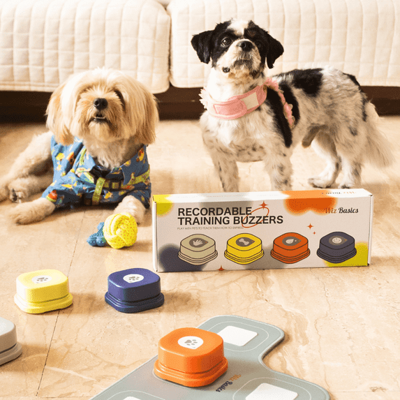 Wiz Basics Dog Buttons for Communication Starter Pack Recordable Dog Talking Buttons Set Dog Training Speaking Buttons Dog Clicker with Mat & Stickers (4 Packs-Rubber Mat)