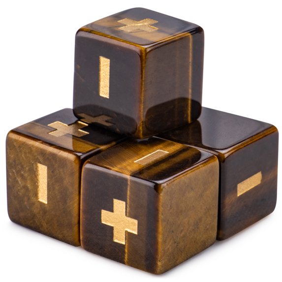 Wiz Dice Stone Fudge Dice - Polyhedral Dice Set with a Dice Bag for Tabletop RPG Adventure Games - Handmade D6 Dice with Plus, Minus and Blank Faces for Fudge RPG Systems - Tiger's Eye - 16mm - 4 ct