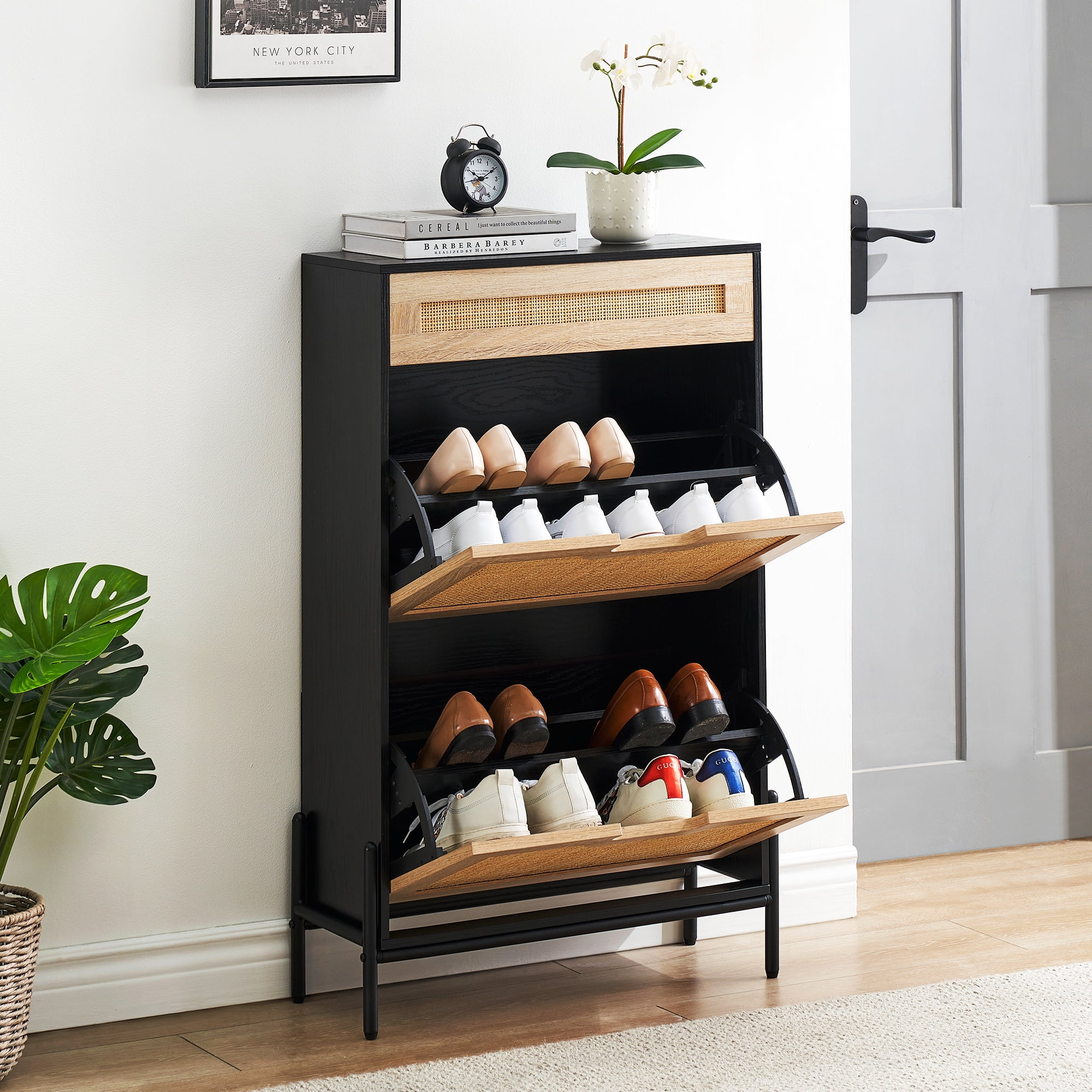 WizMax Rattan Entryway Shoe Cabinet, Shoe Storage Organizer with Hidden ...