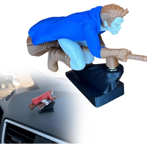 Wizard Broomstick Dashboard Ornament for Car, Motion Activated Drifting Mini Figure Decor, Flying Witch Prop Interior Accessory for Halloween Lovers Drivers
