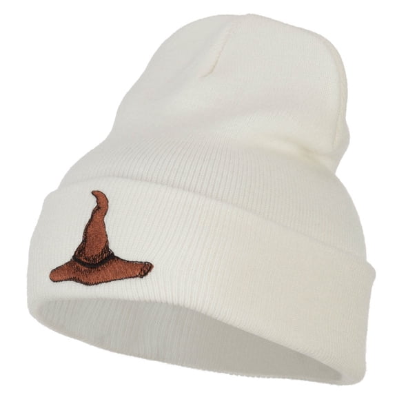 Wizard Brown Hat Embroidered Long Beanie - White OSFM