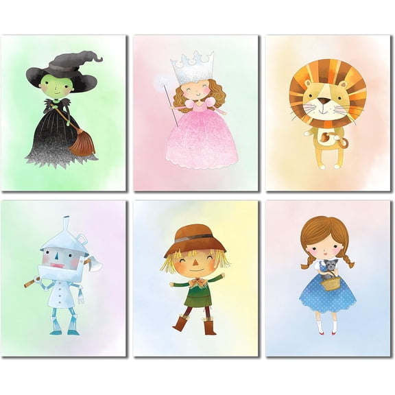 Wizard Canvas Wall Prints - Set of 6 Kids Bedroom Nursery Wall Art Decor (8 inches x 10 inches) Photos Dorthy Tinman Scarecrow Lion Wicked Witch Glinda Good Witch Unframed