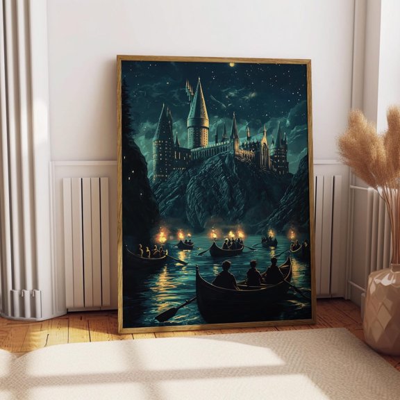 Wizard Castle Magic School Night Lake Scene Wall Art Poster, 8x12 UNFRAMED