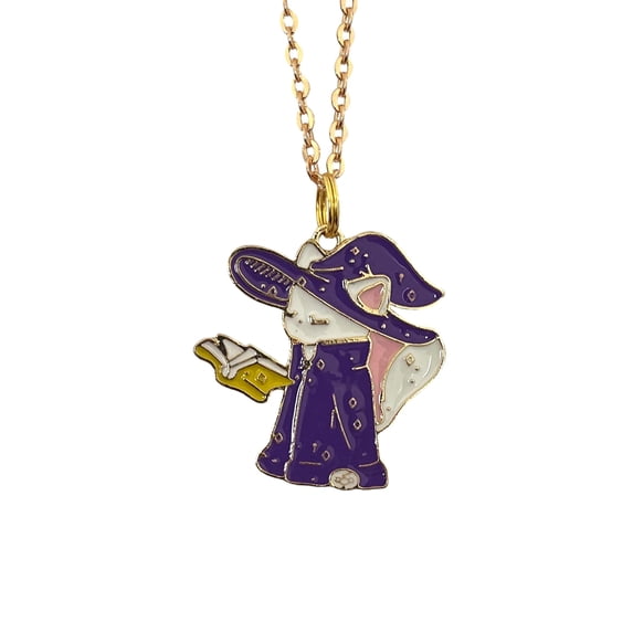 Wizard Cat Enamel Pendant Necklace with Purple Cape