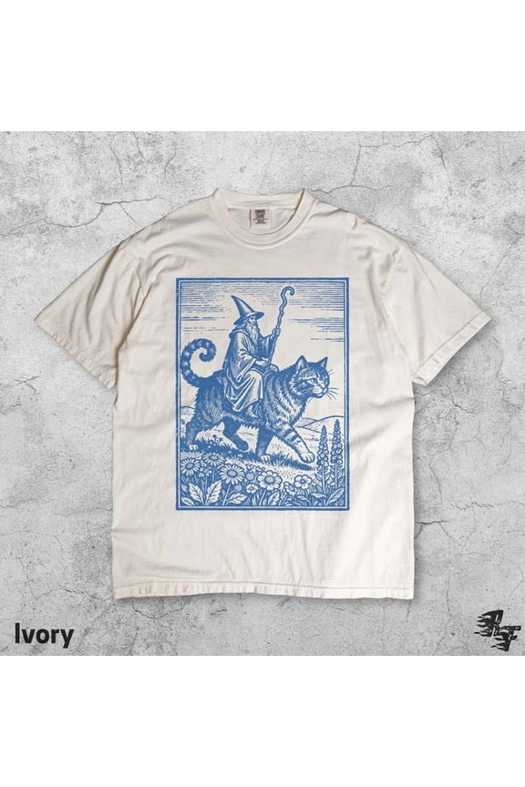 Wizard Cat Rider Vintage T-Shirt, Retro Fantasy Graphic Tee, Medieval Sorcerer Shirt, Funny Cat Tee, Dark Art Fairycore Gift T-Shirt
