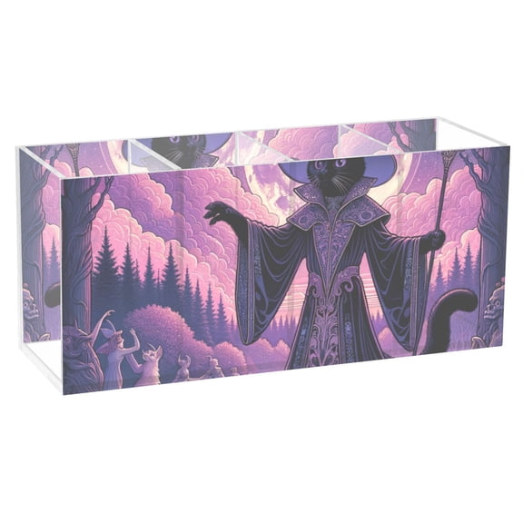 Wizard Cat with Moon Acrylic Pencil Pen Holder Cup 4 Compartments Desktop Organiser 7.87"x2.78"x3.54"