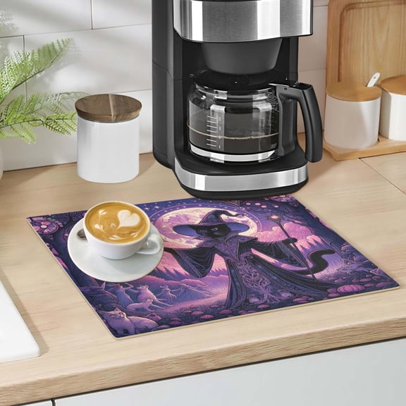 Wizard Cat with Moon Dish Drying Mat 12"x18" Kitchen Counter Dish Pad Microfiber Absorbent Drainer Rack for Coffee Bar