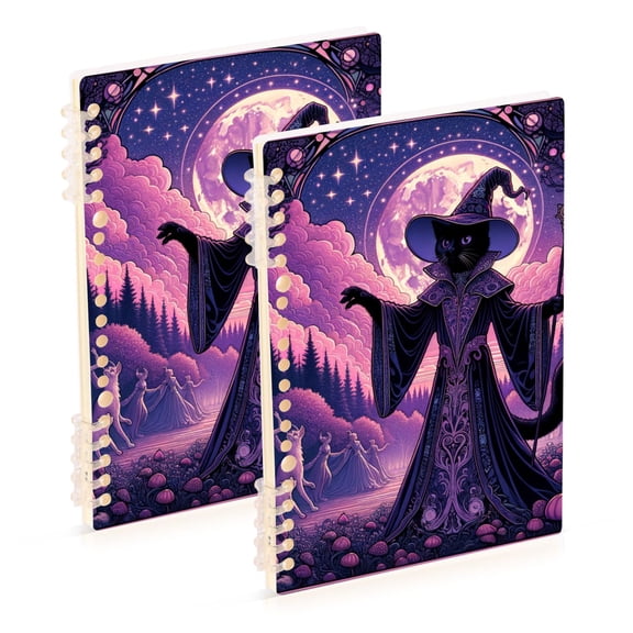 Wizard Cat with Moon Notebooks 2 Pcs 1-subject Journal 60 Sheets A5 College Ruled Paper Detachable Ring 8.3"x5.7"