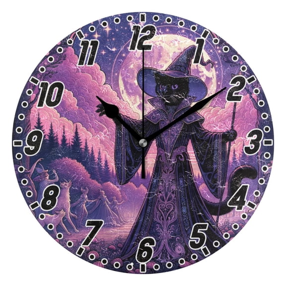 Wizard Cat with Moon Round Wall Clock Battery Operated Silent Non-Ticking Bedroom Office Kitchen Home School Decor 10"(Black)