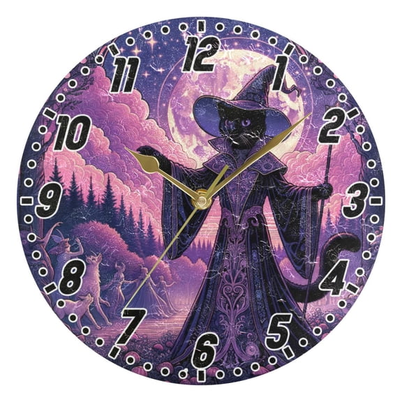 Wizard Cat with Moon Round Wall Clock Battery Operated Silent Non-Ticking Bedroom Office Kitchen Home School Decor 10"(Gold)