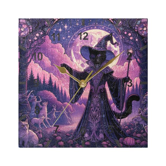 Wizard Cat with Moon Wall Clock Battery Operated Silent Non-Ticking Bedroom Office Kitchen Home School Decor 7.8"(Gold)