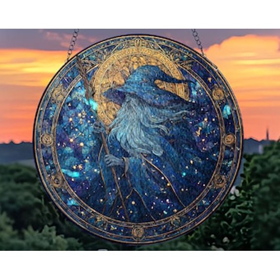 Wizard Celestial Glass Suncatcher Round Window Hanging, 3.5 in