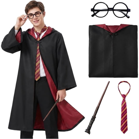 Wizard Costume for Adults, Men's and Women's Robe Set with Tie Wand Glasses for Halloween Cosplay