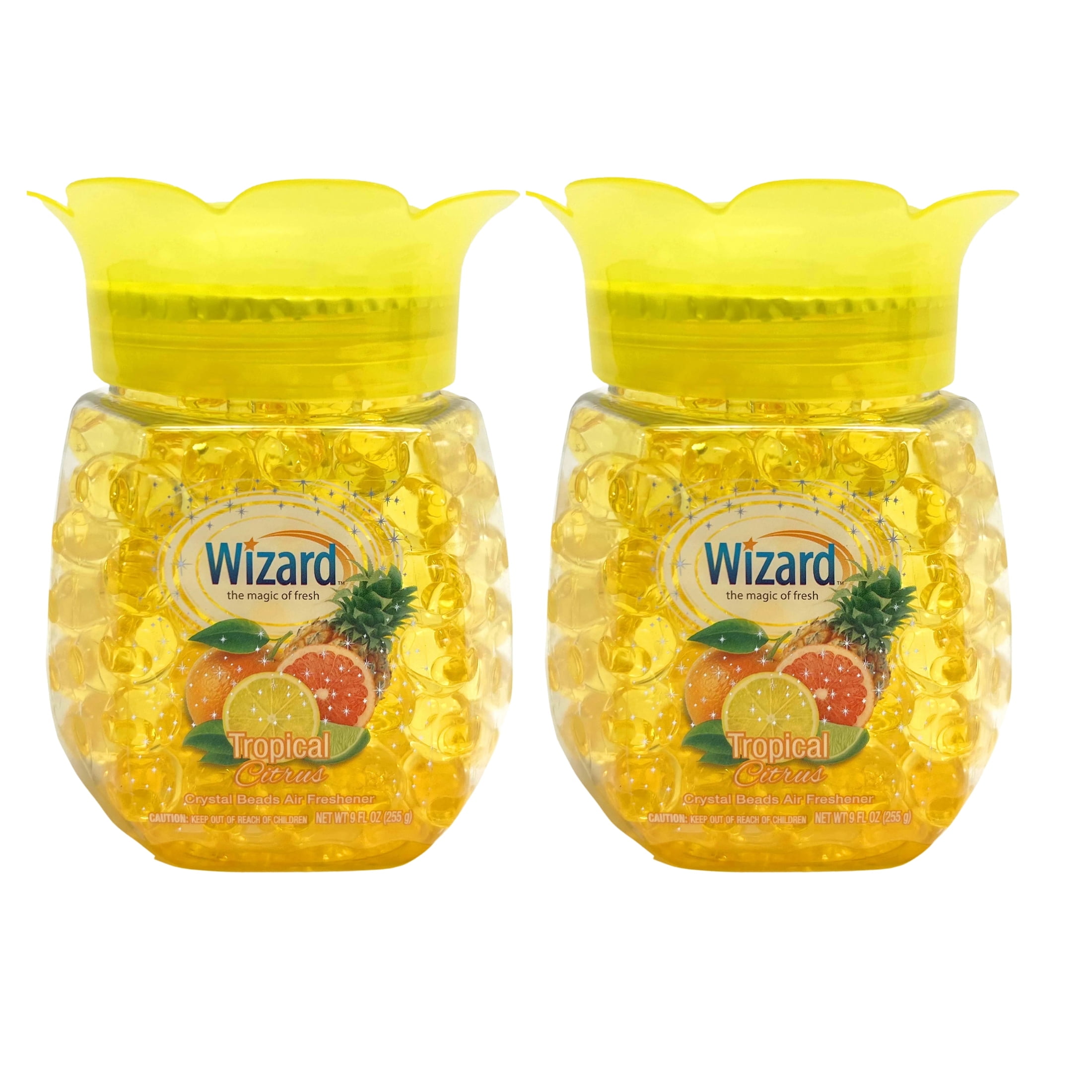 Wizard Crystal Beads Air Freshener, Tropical Citrus Scents, Eliminates Odors in Home Bathrooms, Cars, Boats, RVs & Pet Areas Long Lasting Odor Eliminator Air Freshening Gel 9 Ounce Jar Pack of 2