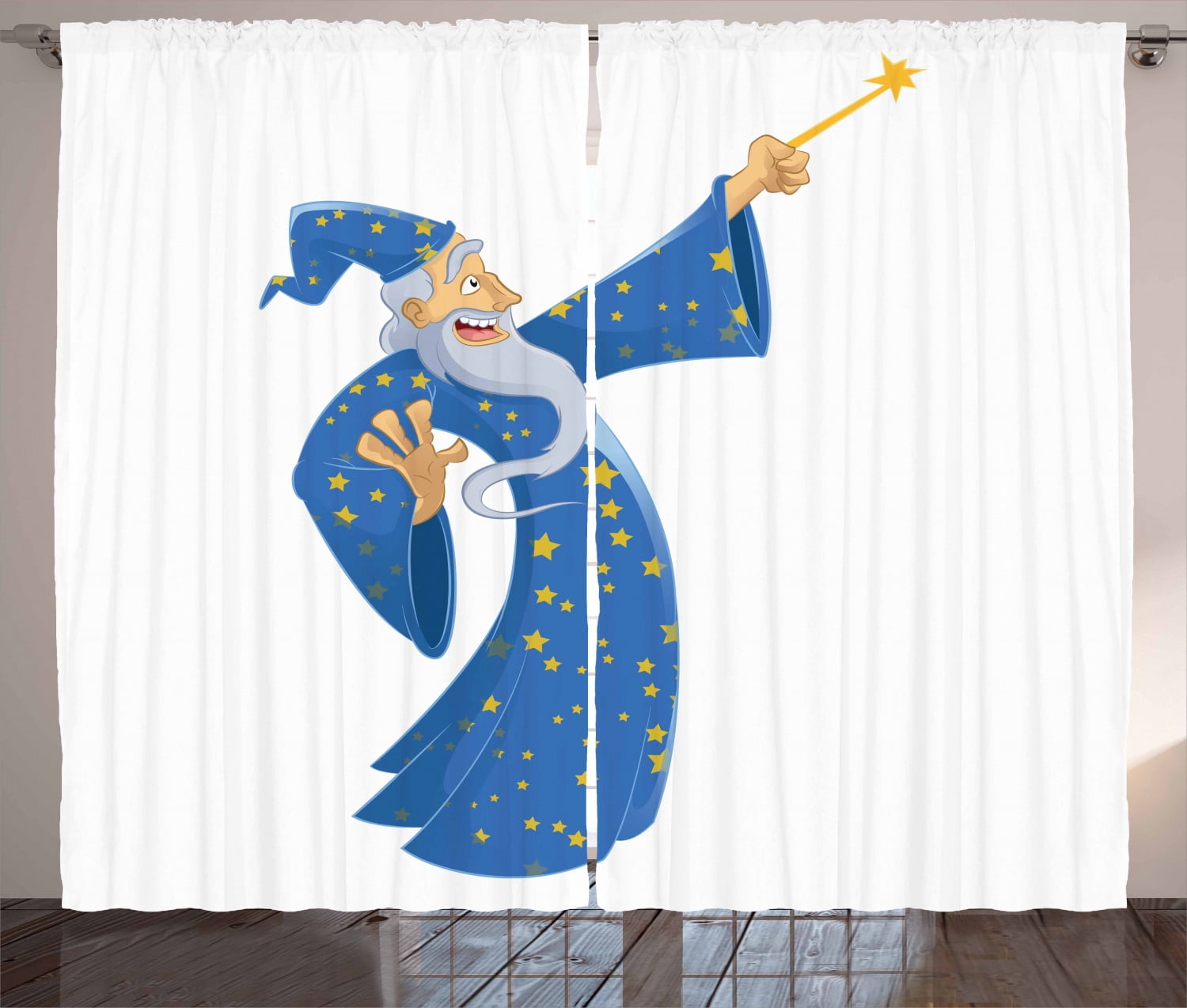 Wizard Curtains 2 Panels Set, Cartoon Smiling Old Man in Starry Costume ...