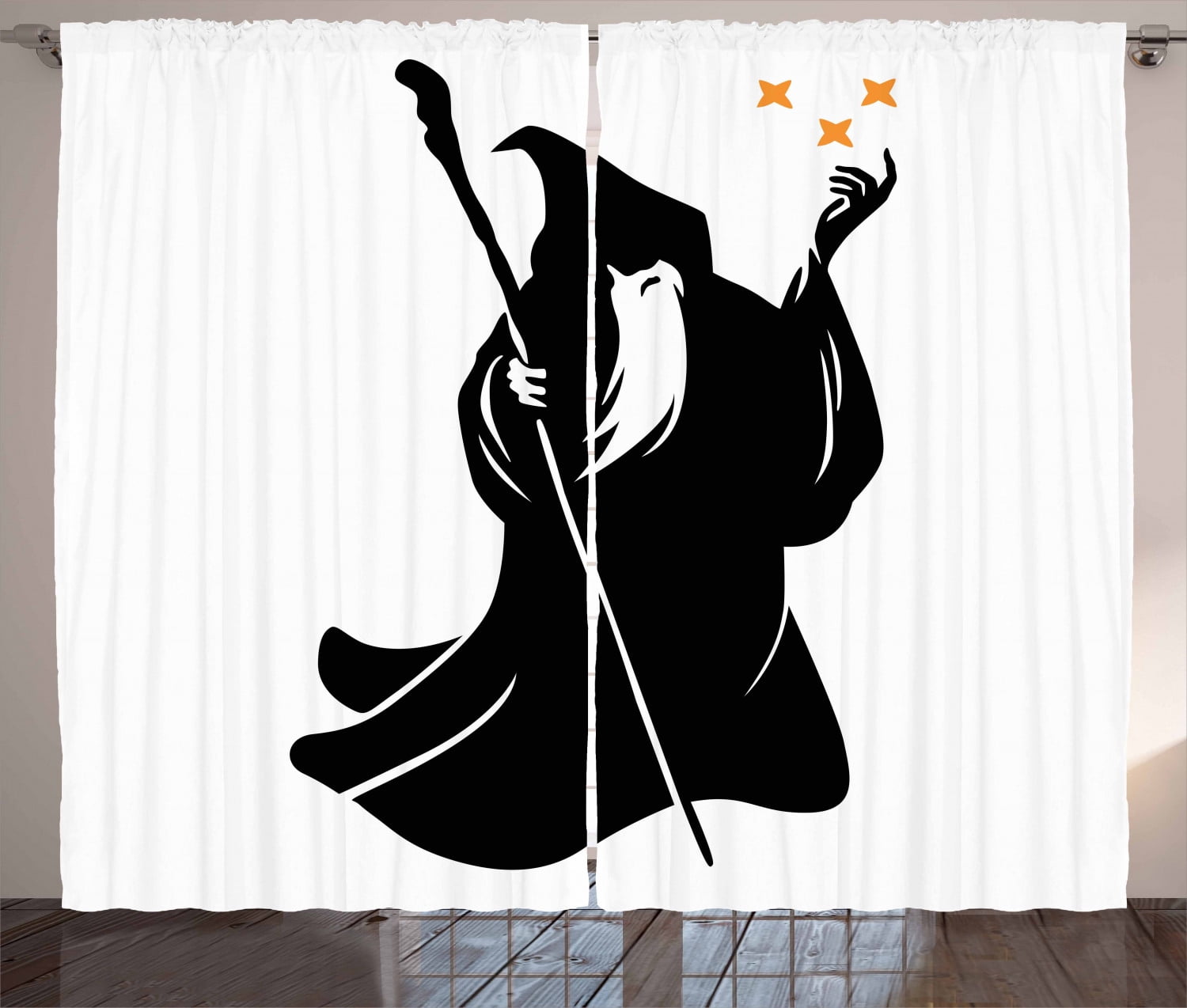 Wizard Curtains 2 Panels Set, Hand Drawn Style Old Druid Silhouette ...