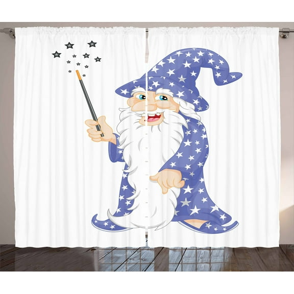 Wizard Curtains 2 Panels Set, Laughing Old Man with a Magic Wand and Stars Kids Tale Fantasy Character, Window Drapes for Living Room Bedroom, 108W X 108L Inches, Ceil Blue White Black, by Ambesonne