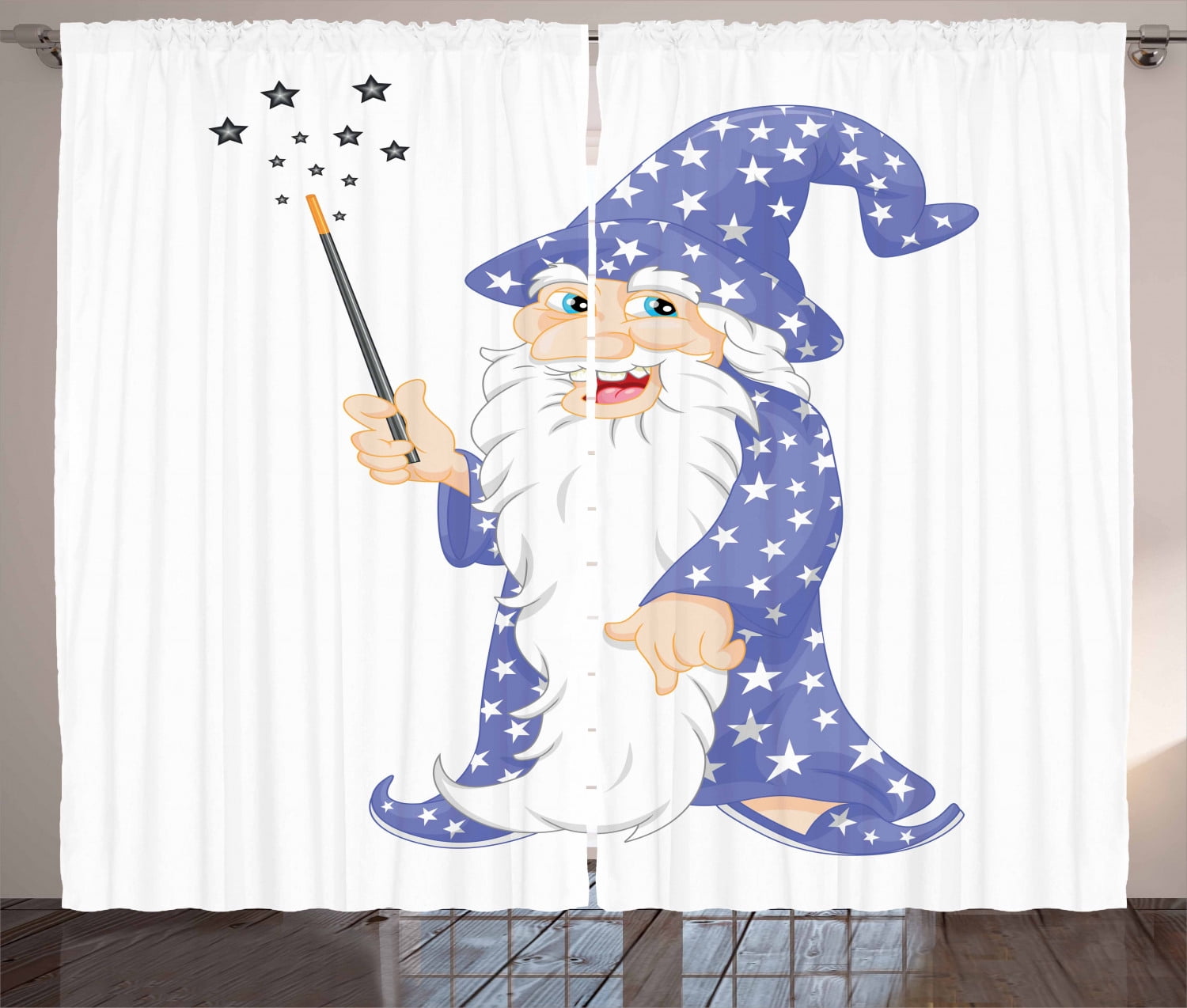 Wizard Curtains 2 Panels Set, Laughing Old Man with a Magic Wand and ...