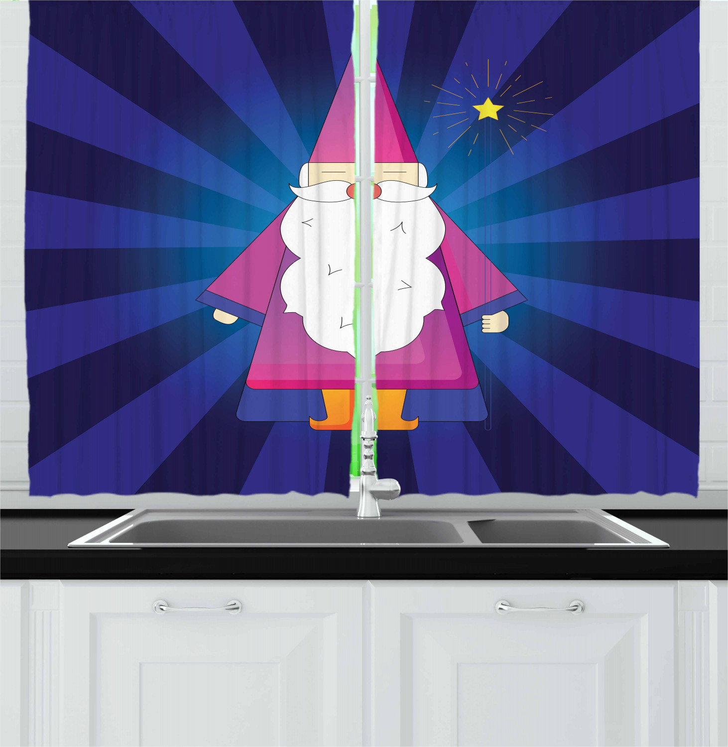 Wizard Curtains 2 Panels Set, Magic Illustration Man with a Staff ...