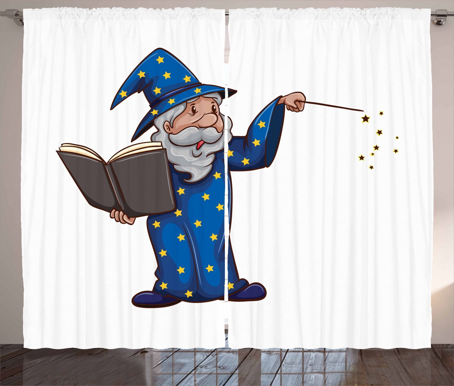 Wizard Curtains 2 Panels Set, Sorcerer Man in a Blue Costume with ...