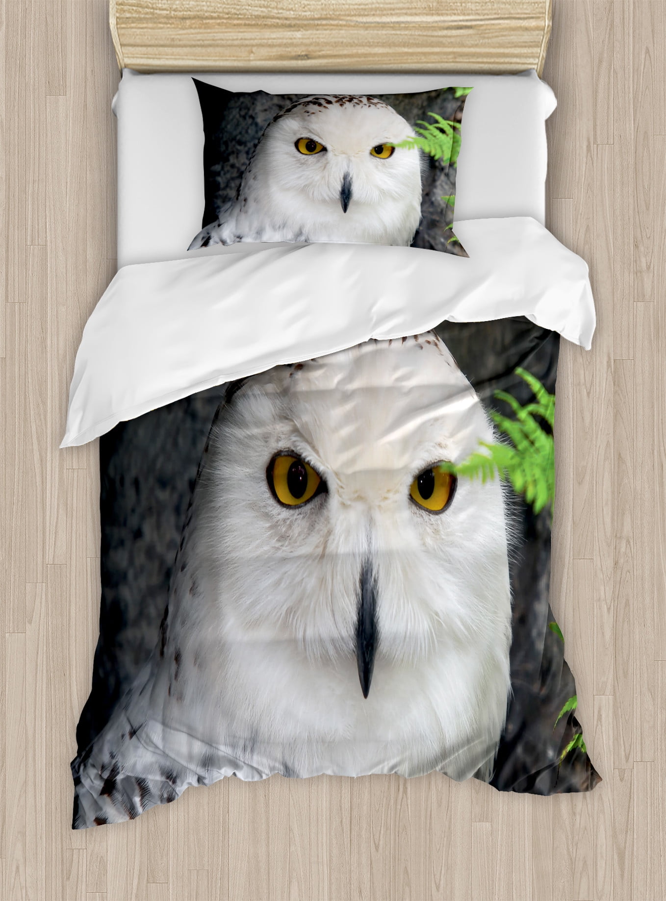 Twin White Green Black Owl Print Duvet Cover Set