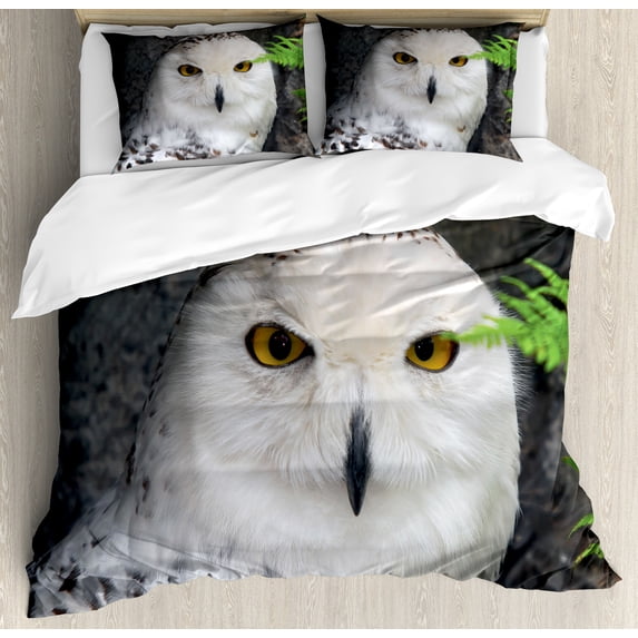 Wizard Duvet Cover Set, Pattern White Owl Themed Animal Green Leaves Amber Eyes Gift Witchcraft Print, Decorative 3 Piece Bedding Set with 2 Pillow Shams, Queen Size, White Green Black, by Ambesonne