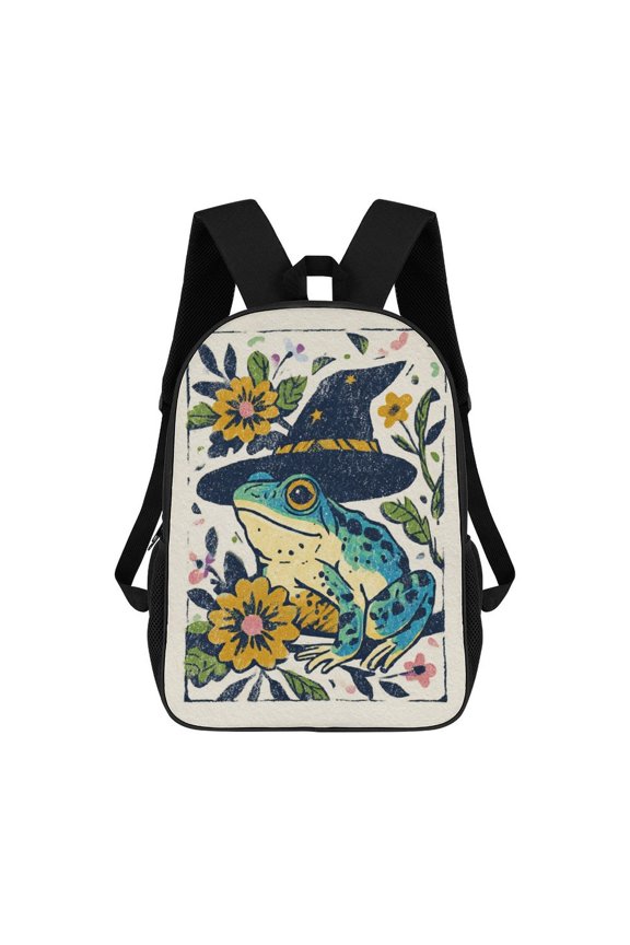 Wizard Frog Floral Print Art Travel Backpack 17 Inch Laptop Bag Student Backpack