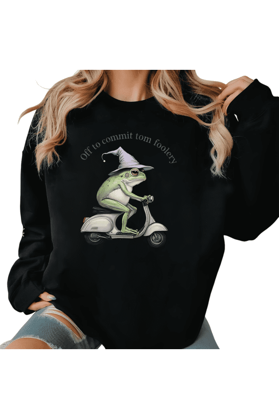 Wizard Frog Prank Humor Black Crewneck Print Sweatshirt Graphic Sweatshirt Off To Commit Tom Foolery Witch Hat Frog Scooter Design S-3XL Tops