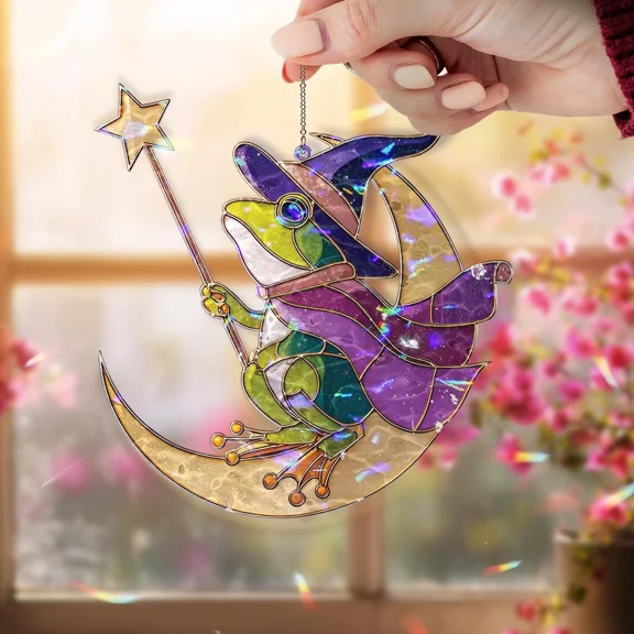Wizard Frog on Moon Acrylic Suncatcher Magical Animal Window Hanging