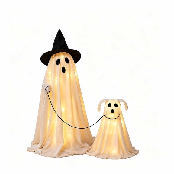 Wizard Ghost Dog Walking Set Two Piece, Halloween Outdoor Patio Living Room Decor, Spooky Wizard Ghost Dog Figurine for Home Display(White)