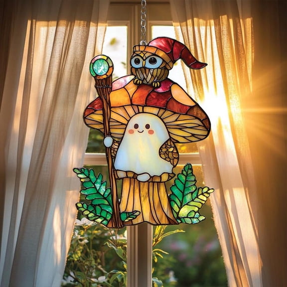 Wizard Ghost and Owl Suncatcher with Mushroom Cap, Crystal Staff and Ferns, Fantasy Cottagecore Acrylic Window Hanging Decor Gift