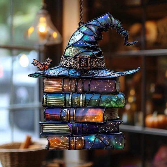 Wizard Hat & Books Acrylic Window Hanging, Cosmic Faux Stained Glass Suncatcher, Witchy Reading Nook Gift