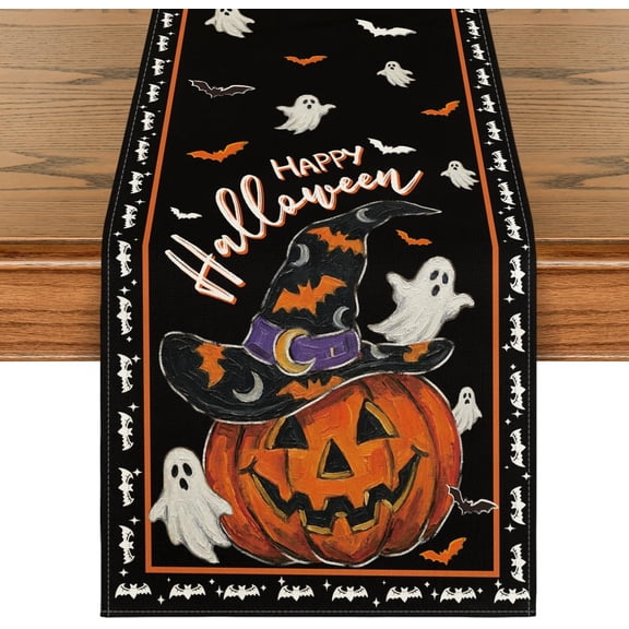 Wizard Hat Pumpkin Ghosts Bat Happy Halloween Table Runner, Holiday Kitchen Dining Table Decoration for Home Party Decor 13x72 Inch